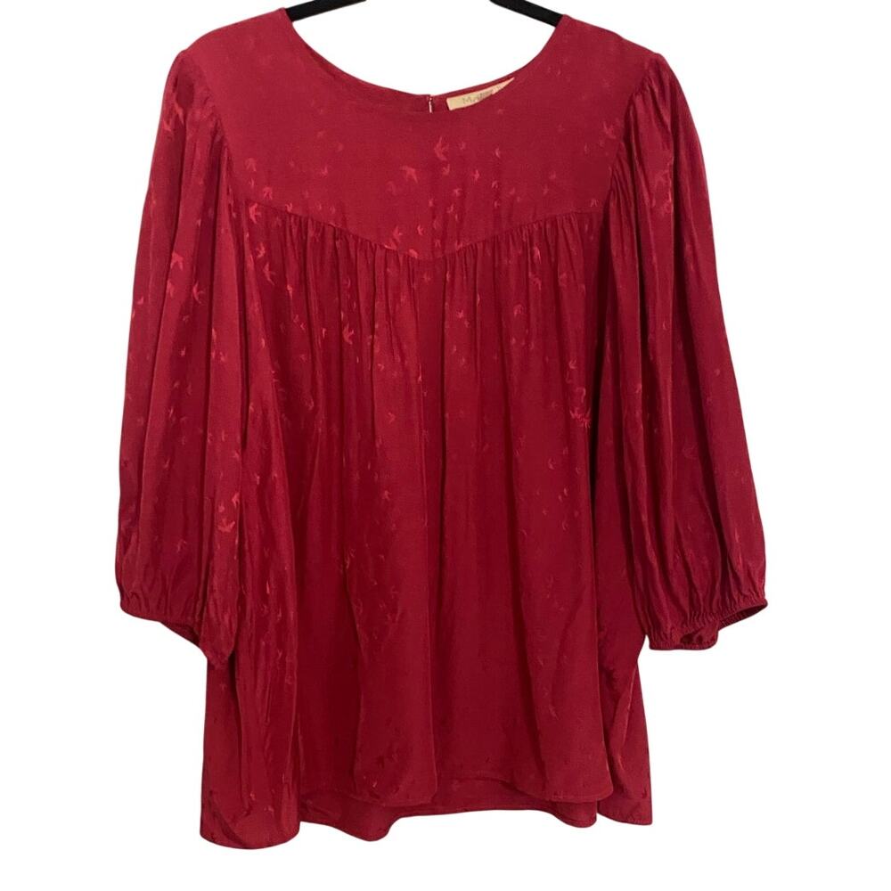 Boho Peasant Blouse XXL Cranberry Red Bird Print Puff Sleeve Flowy Rayon Top